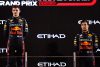 ABU DHABI, UNITED ARAB EMIRATES - NOVEMBER 20: Race Winner Max Verstappen of the Netherlands and Oracle Red Bull Racing and Third placed Sergio Perez of Mexico and Oracle Red Bull Racing stand on the podium during the F1 Grand Prix of Abu Dhabi at Yas Marina Circuit on November 20, 2022 in Abu Dhabi, United Arab Emirates. (Photo by Rudy Carezzevoli/Getty Images) // Getty Images / Red Bull Content Pool // SI202211202855 // Usage for editorial use only //